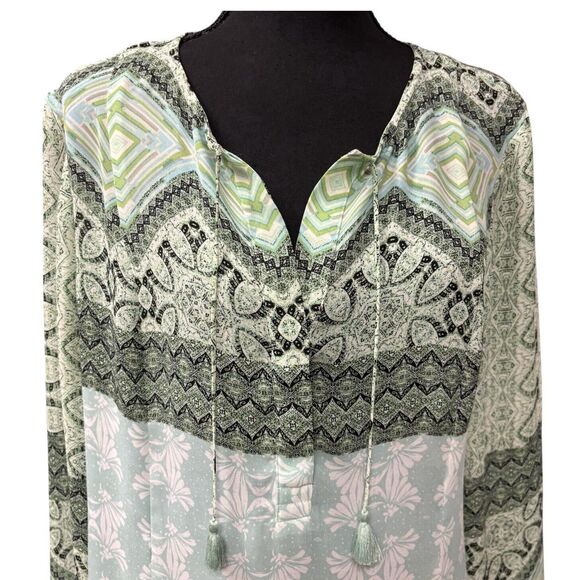 ZOZO Green Boho Print Tunic Top Tassel Tie V Neck Hi-low Hem - Picture 2 of 7